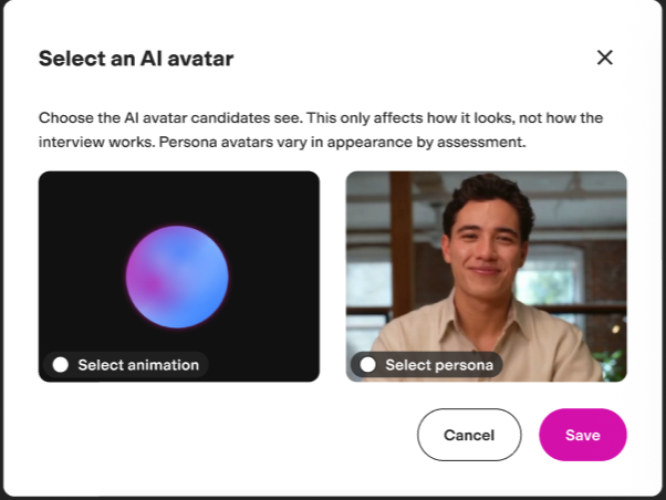 Format-selection modal with Animation and Persona options, neither pre-selected