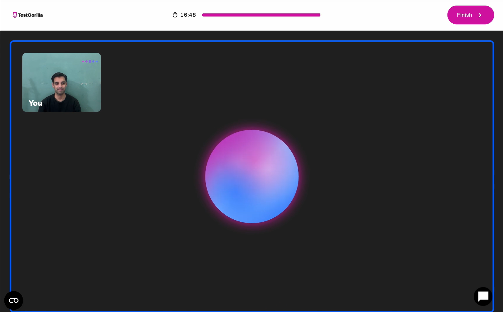 Candidate view of an audio-only AI interview showing the animated orb and the candidate's own video preview