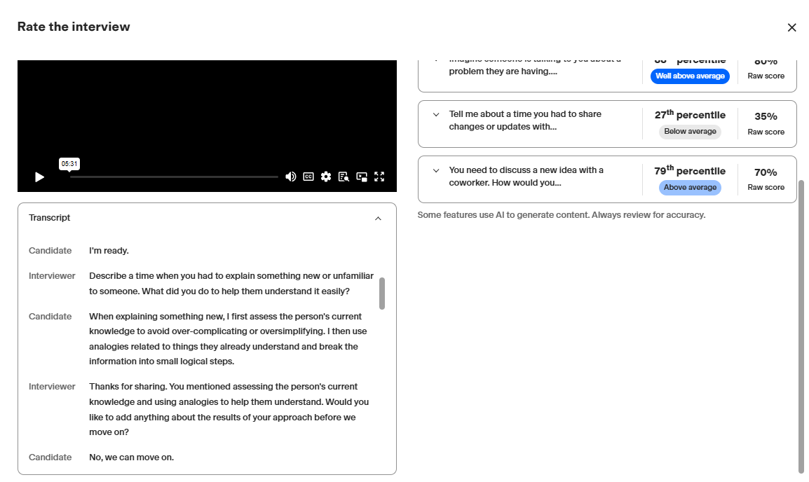 Transcript and AI scoring view for an audio-only AI interview