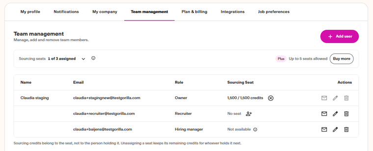 Assigning a Sourcing seat in Team Management